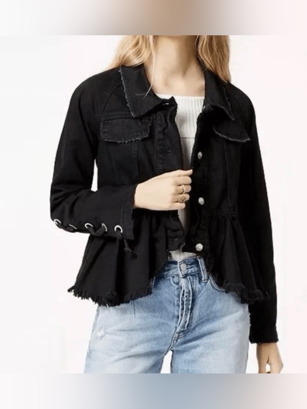 Free People Willow Black Denim Jacket Peplum Raw Hem Lace Up Cuff Military